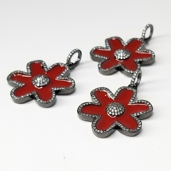 NWT Red Enamel Flower Pendant Charm Pave CZ - Picture 2 of 8